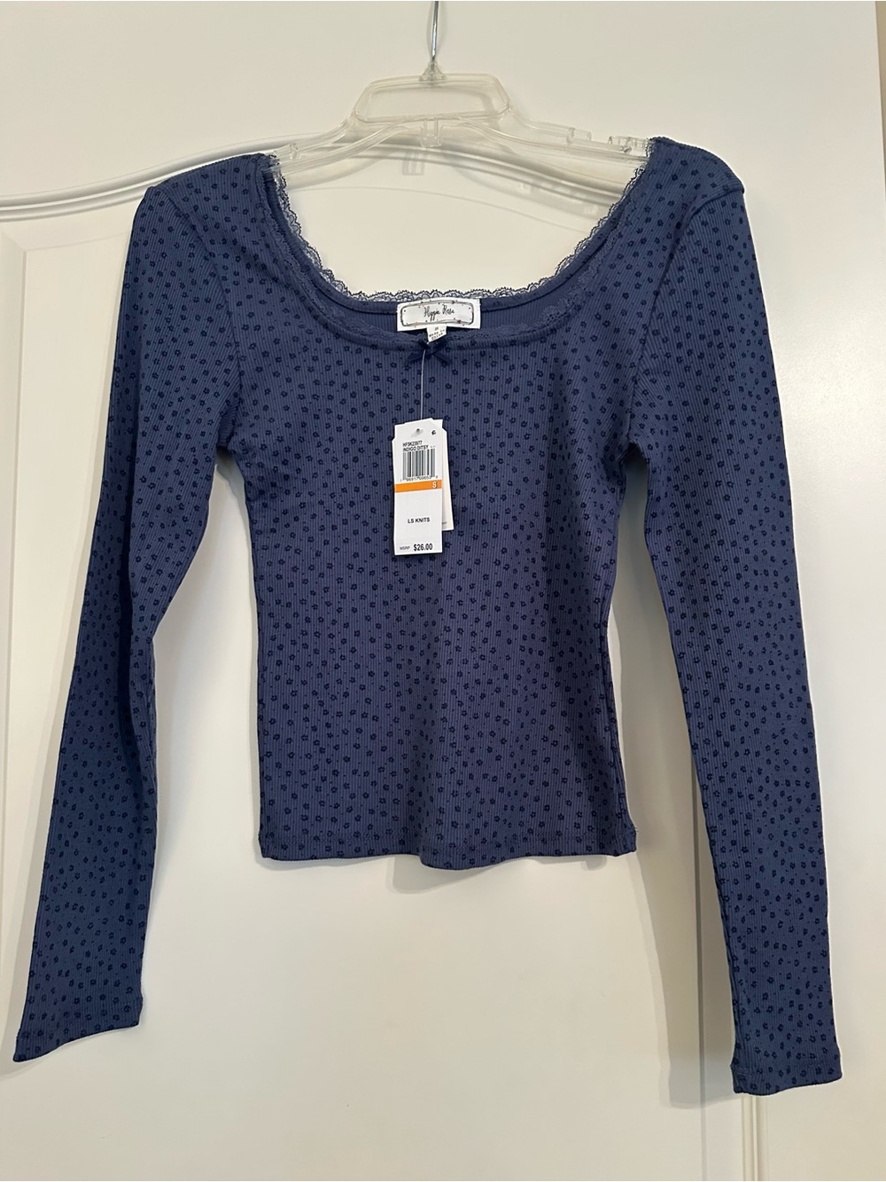 Hippie Rose Navy Long Sleeve Scoop Neck Top with Micro Dot Print